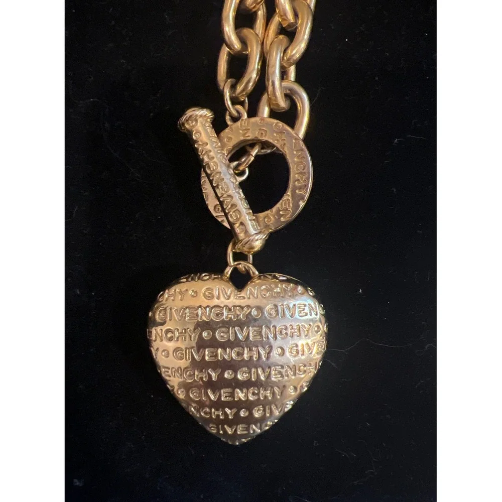 Vtg Runway Givenchy Gold Chunky Link Necklace Puffed Logo Heart Toggle Clasp 27